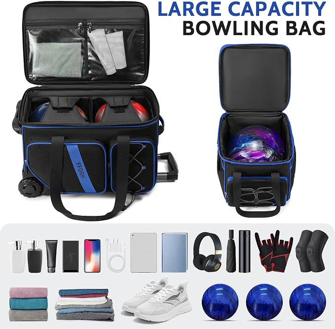 3 Ball Bowling Bag with Wheels, 2+1 Bowling Ball Bags Double Roller with Single Bowling Tote for Accessories, Multi-Pockets & Shoe Compartment (Fits Up to Size 15)