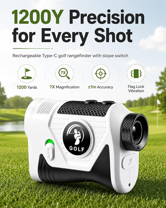 Golf Rangefinder with Slope, 1200 Yards Laser Range Finder for Golf, Flag Lock Vibration, Rechargeable Type-C, 7X Magnification, Tournament Legal, Father's Day Golf Gift for Dad