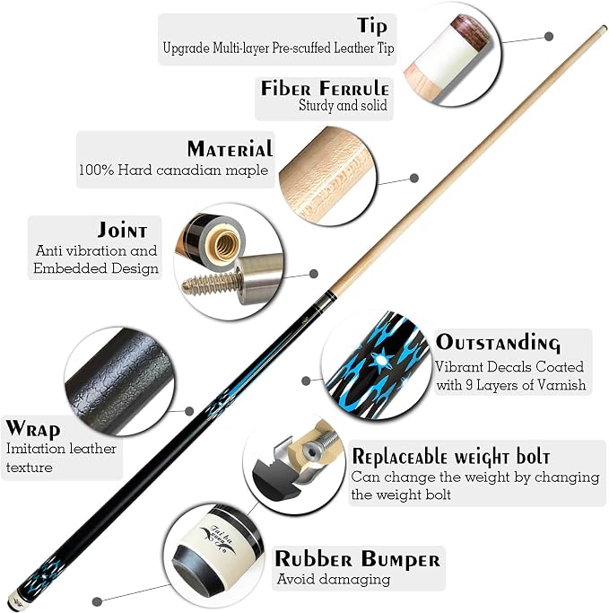 Tai ba cues 2-Piece Pool cue Stick + Hard Case, 13mm Tip, 58", Hardwood Canadian Maple Professional Billiard Pool Cue Stick 18,19,20,21,22 Oz Pool Stick (Selectable)-Blue, Black, Red, Gray, Green