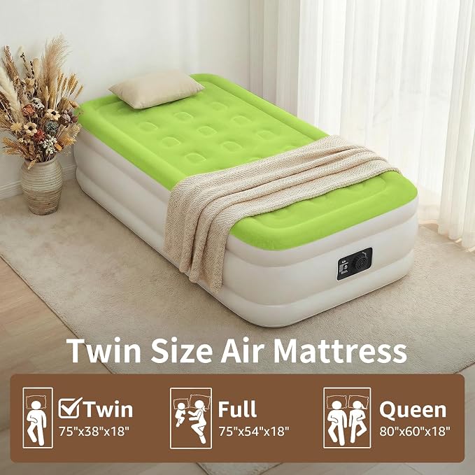 YENING Twin Size Air Mattress with Built in Pump Raised Single Inflatable Bed Blow up Mattressith Camping Airbed 18 Inch Tall