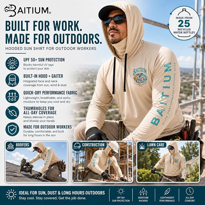 Fishing Shirts for Men,UPF50 Hooded Long Sleeve with Gaiter, Sun Protection Dry Fit Apparel, Face Mask, Fishing Clothes
