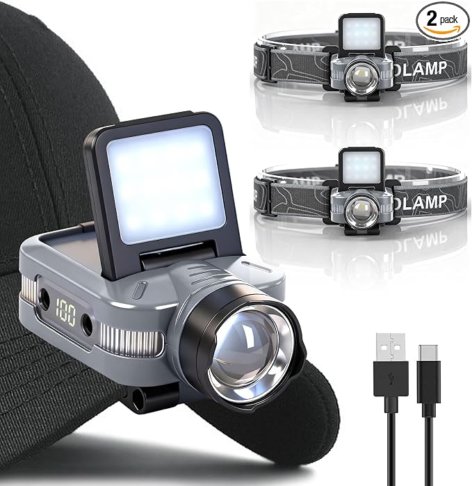 Foleto 2-Pack Rechargeable Hat Clip Lights, 900 Lumens Zoomable & Dimmable LED Headlamp Flashlight with 180° Adjustable Clip, 6 Modes, Long Battery Life for Running, Camping, Hiking, Working