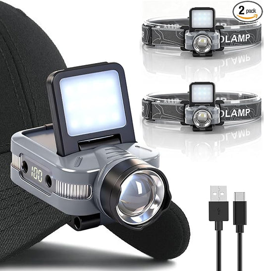 Foleto 2-Pack Rechargeable Hat Clip Lights, 900 Lumens Zoomable & Dimmable LED Headlamp Flashlight with 180° Adjustable Clip, 6 Modes, Long Battery Life for Running, Camping, Hiking, Working