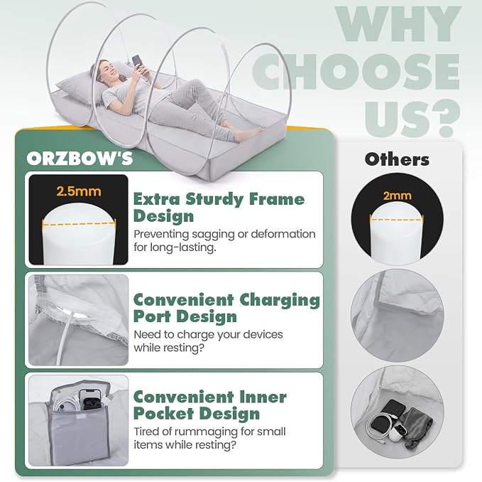 Orzbow Large Mosquito Net | Portable Pop Up Mosquito Tent for Insect, Fly & Bug Protection with Charging Cable Access and Storage Pocket for Bed, Camping, Beach, Travel, Outdoor, 74.8" x 35.4" x 33.4"