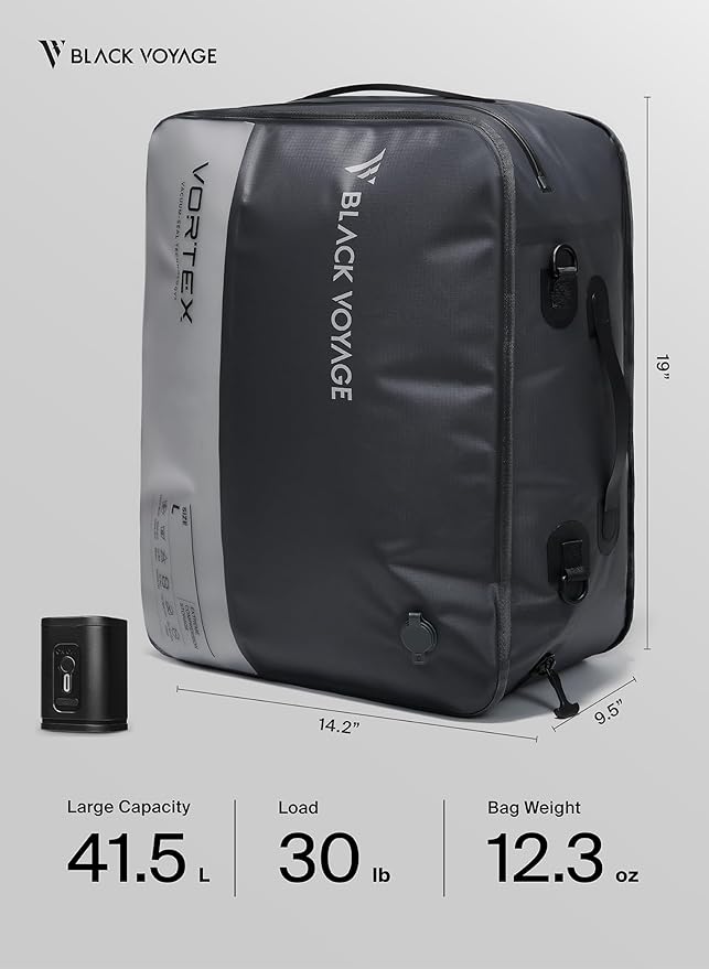 Black Voyage Reusable Vacuum Compression Travel Bag for Carry-On Suitcase and Backpack, Recycled IPX8 Waterproof Space Saver Vacpack (2-Pack, 41L - Pump Included)