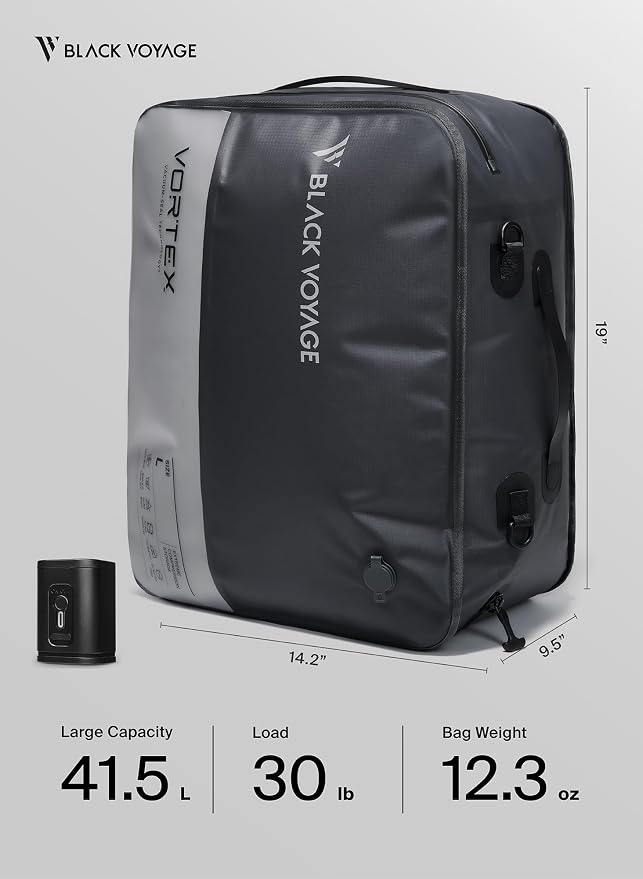Black Voyage Reusable Vacuum Compression Travel Bag for Carry-On Suitcase and Backpack, Recycled IPX8 Waterproof Space Saver Vacpack (1-Pack, 41L - Pump Included)