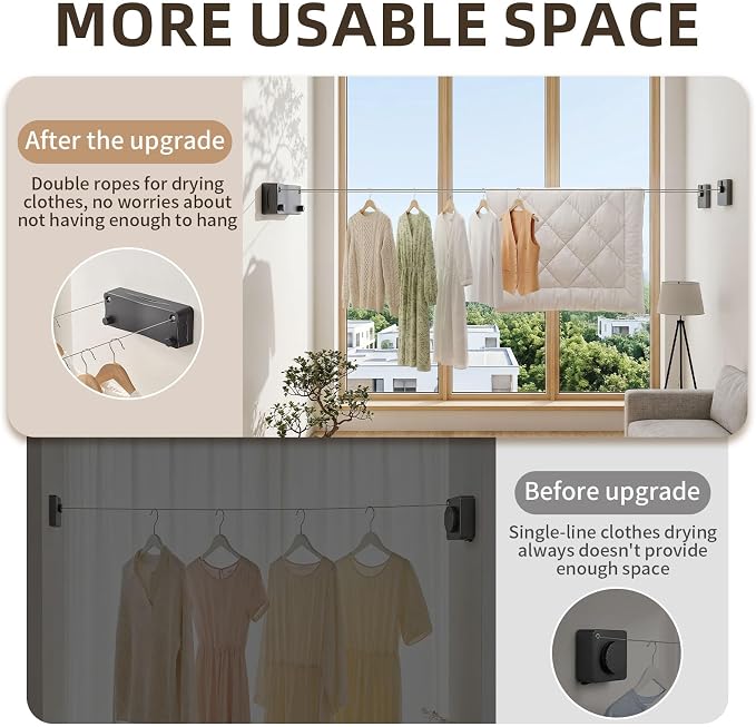 Anti-Sag Retractable Clothesline 40LB Capacity - 201in Stainless Steel Laundry Line for Indoor Outdoor, Wall Mounted Space Saving Easy Install (Gray, Double Lines)