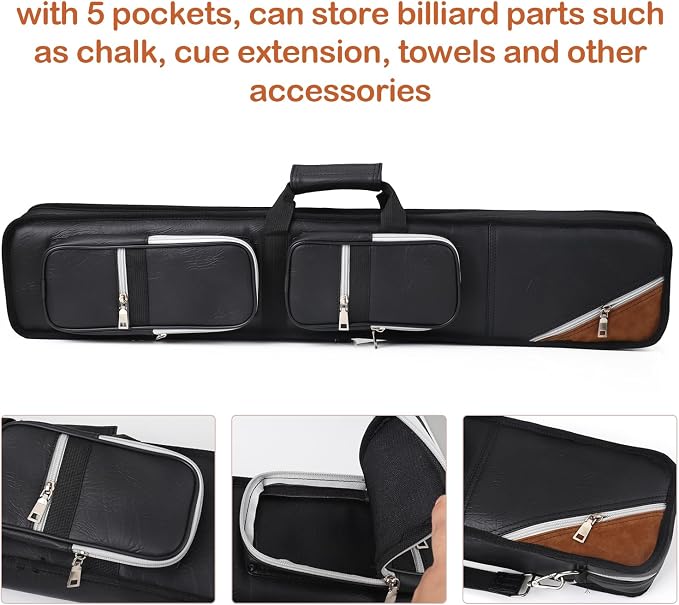 4x8 Pool Cue Case Billiard Stick Carrying Case Leatherette Soft Cue Bag Hold 4 Butts 8 Shafts (Black and Camel)