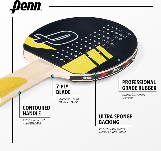 Penn 4-Player Ping Pong Paddle Set - 4 5.0 Paddles, 6 3-Star Balls, 2 Storage Pouches - Pro-Grade Rubber for Spin & Power on Table Tennis Rackets - Ergo Handle for Grip Comfort in Ping Pong Play