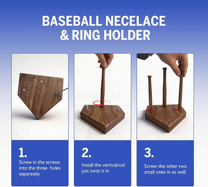 Walnut Wooden Baseball Ring Holder, Softball Championship Ring Organizer Display, Solid Wood Baseball Ring Holder Gift for Boys Girls, Baseball Accessories Storage - Three Poles