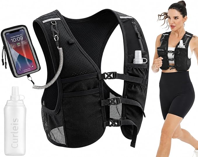 Running Vest with Touchscreen Phone Holder, 500ml/17oz Water Bottle Vest, Reflective Hydration Vest, 6 Pockets Zip Runners Vest – Lightweight, Adjustable, Breathable, Unisex