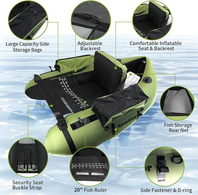 Fishing Float Tube with Adjustable Backpack Straps, Storage Pockets, Fish Ruler, Fly Fishing Boat with Pump, Oar, Rod Holder and Mount, Fins, 350LBS Load Bearing Capacity, FT003