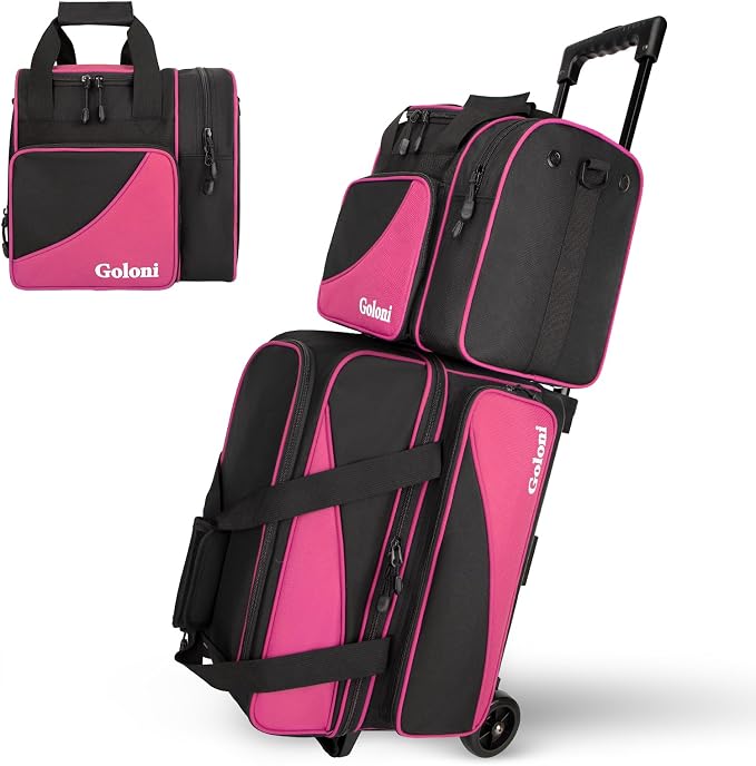 Goloni 3 Ball Bowling Bag with Wheels, 2+1 Double Roller Bowling Bag with Shoe Compartment,Tote Bag for Bowling Accessories