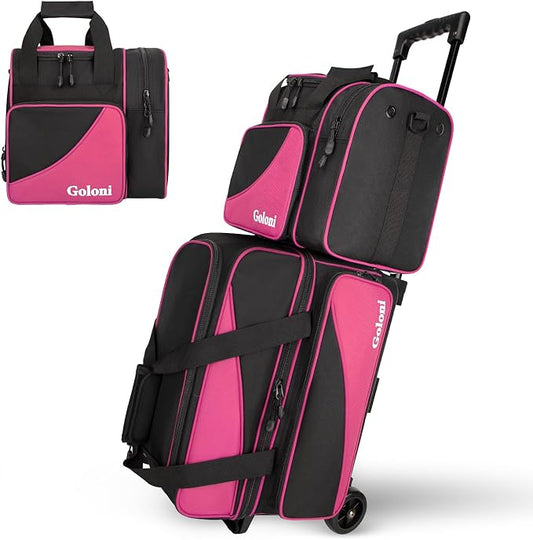Goloni 3 Ball Bowling Bag with Wheels, 2+1 Double Roller Bowling Bag with Shoe Compartment,Tote Bag for Bowling Accessories