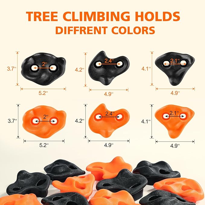 TOPNEW 20 Ninja Tree Climbing Holds for Kids Climber, Orange & Black Tree Climbing Kit with 6 Ratchet Straps for Outdoor Ninja Warrior Obstacle Course Training