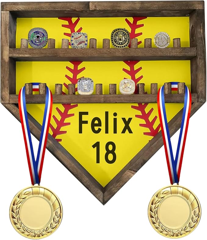 Personalized Baseball Softball Championship Ring Holder Display Case, Custom Name Number Sports Ring Display Case Wooden,24 Ring Posts,Trophy & Medal Gift Display Case for Men Dad(Yellow)