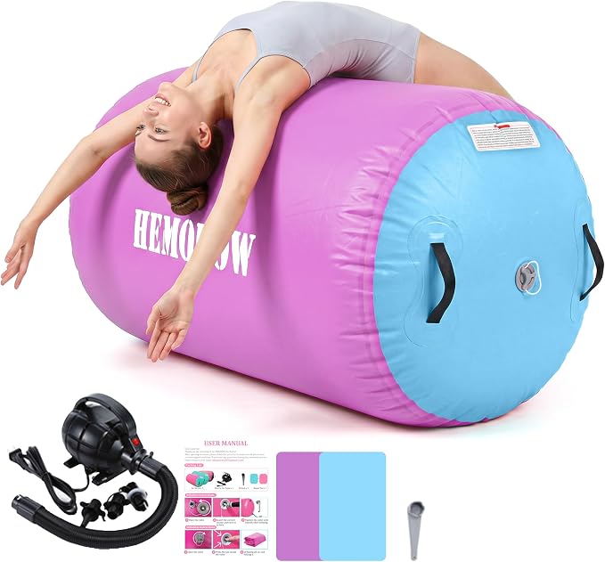 Inflatable Gymnastics Air Barrel Roller with Electric Pump, Heavy Duty PVC Tumbling Barrel Back Handspring Trainer, Air Tumble Track Mat for Home Gym, Cheerleading, Yoga Practice