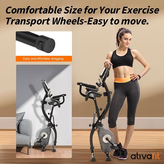 ATIVAFIT 5-in-1 Foldable Exercise Bike for Home, Upright & Recumbent Indoor Bike with 8-Level Magnetic Resistance, Resistance Bands, Quiet Cardio, Adjustable Seat