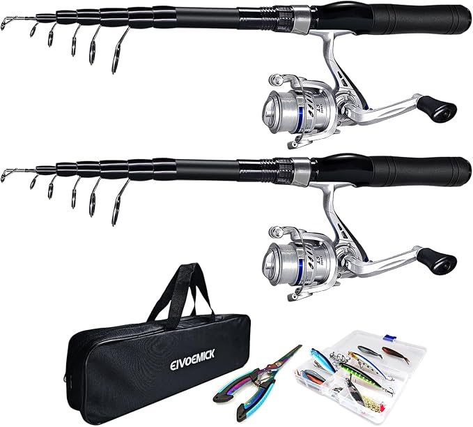 Fishing Rod and Reel Combos, 2PC Telescopic Fishing Pole Spinning Reels Sets, Collapsible Fishing Rod Full Kit with with Fishing Pliers Carrier Bag for Travel Saltwater Freshwater