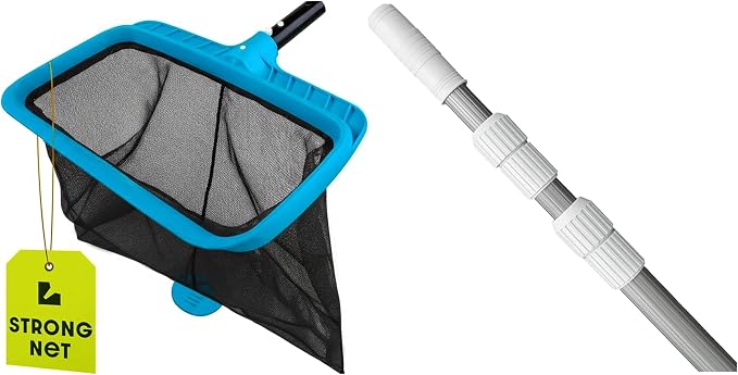 12 FT Telescopic Pool Pole & Heavy-Duty Deep Mesh Pool Skimmer Net Bundle – Adjustable Aluminum Pole with Fine Mesh Leaf Rake for Swimming Pools & Ponds