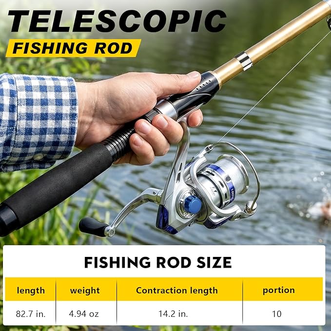 Fishing Pole Set Fishing Rod and Reel Combo,2PCS Collapsible Fishing Rod | 2.1M/6.89FT with 2PCS Spinning Reels 2 Set of Lures Baits and a Carrier Bag,Prefect for Fishing Travel