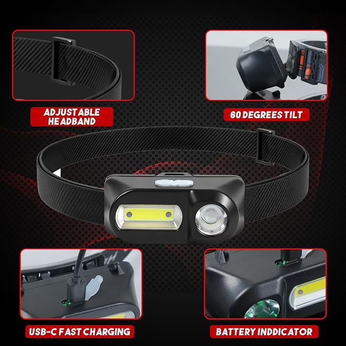 Bud K 6Pack Headlamp Rechargeable, 3000 Lumen Headlamps for Adults, 90 Angles Adjustable XPE Headlamp & COB Spotlight, Motion Sensor, 9 Modes, Lightweight Head Lamps for Camping Running Cycling