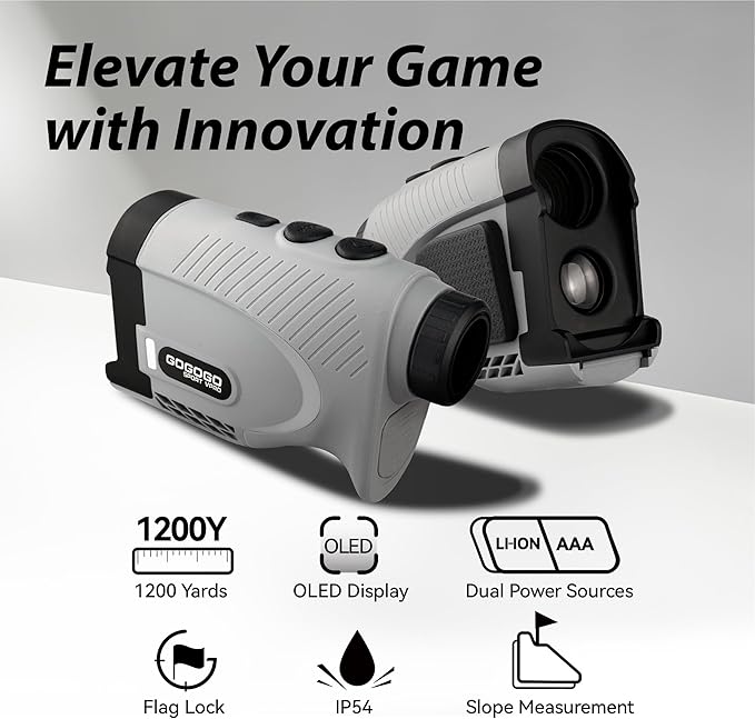 Gogogo Sport Vpro Gen 2 Golf Laser Rangefinder, 1200/2500Y Ranging, Ultra-Clear Optics with 99% Transmission Lens OLED Display, Dual Power Sources，Flaglock/Slope/Magnetic