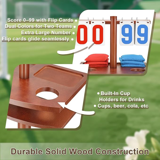 Triceratops Wooden Cornhole Scoreboard with Drink Holders – 41" Tall Outdoor Yard Score Keeper with Flip Cards (0–99),