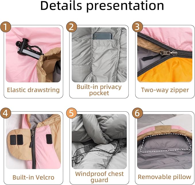 Down Sleeping Bag with Pillow, 0°F 20°F 32°F Regular and XL Compact Lightweight Sleeping Bag for Adults,Teens Backpacking,Camping and Hiking Outdoor