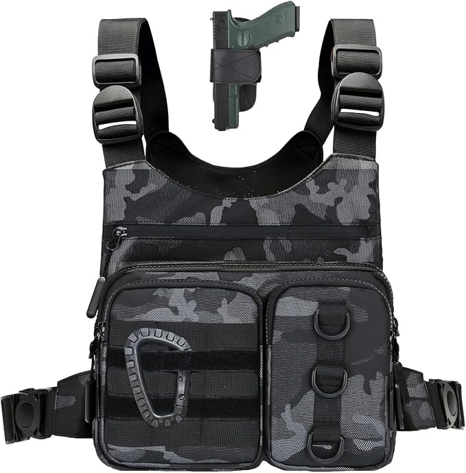 Criuage Outdoor Chest Bag for Men, Lightweight Adjustable Running Vest, Water Resistant EDC Chest Pack with Water Bottle Pocket, Breathable Back Pad for Hiking Cycling Fishing Travel (Camo)