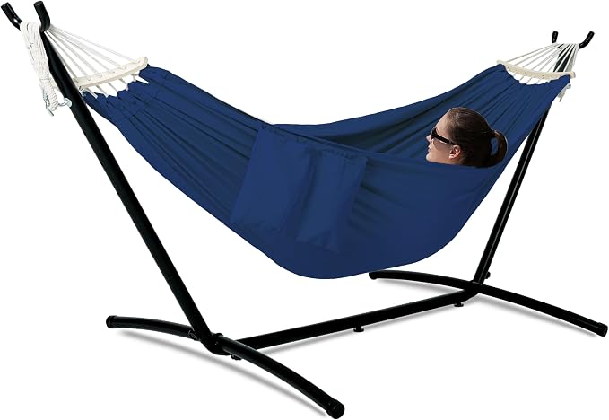 Gafete Double Hammock with Stand for Outside, Upgraded Spreader Bar, Heavy Duty Space Saving Steel Stand 2 Person, Side Pockets, Easy Assembly, 600lbs Weight Capacity, Indoor & Outdoor (Navy Blue)