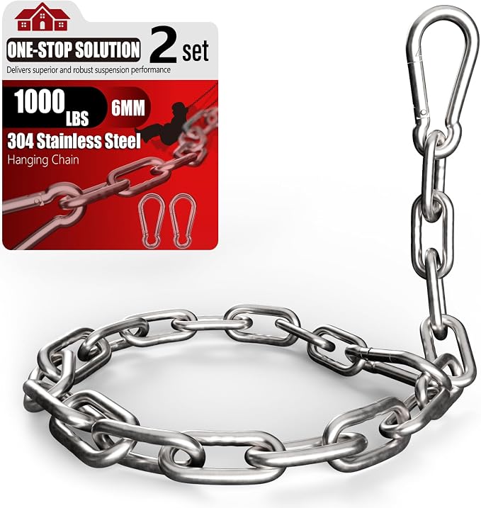 sprookber 1000LB Heavy Duty Hanging Swing Chain, 6mm Thick 304 Stainless Steel Hanging Chain with 4 Carabiners, 25" Hardware Kit for Hammock, Hanging Chair, Punching Bags, Tree, Indoor & Outdoor