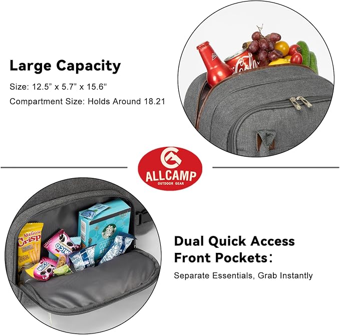 ALLCAMP Picnic Backpack, 2-Person Set with Blanket and Wine Holder, Gray | Insulated compartment, padded straps, Oxford fabric, couple gifts, family, camping, beach, climbing, parks, hands-free
