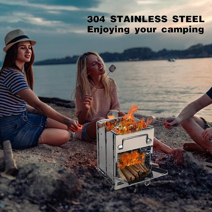 REDCAMP Camping Wood Burning Stove, Stainless Steel Compact Portable Foldable Mini Mult Fuel Camp Stove with Storage Bag, Perfect for Backpacking Hiking Outdoor Cooking Picnic BBQ (silver-large)