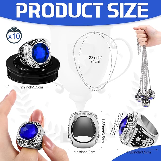 Landical 10 Pcs Championship Trophy Rings Bulk MVP Winner Youth Award Gift with Neck Chains and Display Stand for Basketball Baseball Football Volleyball Softball