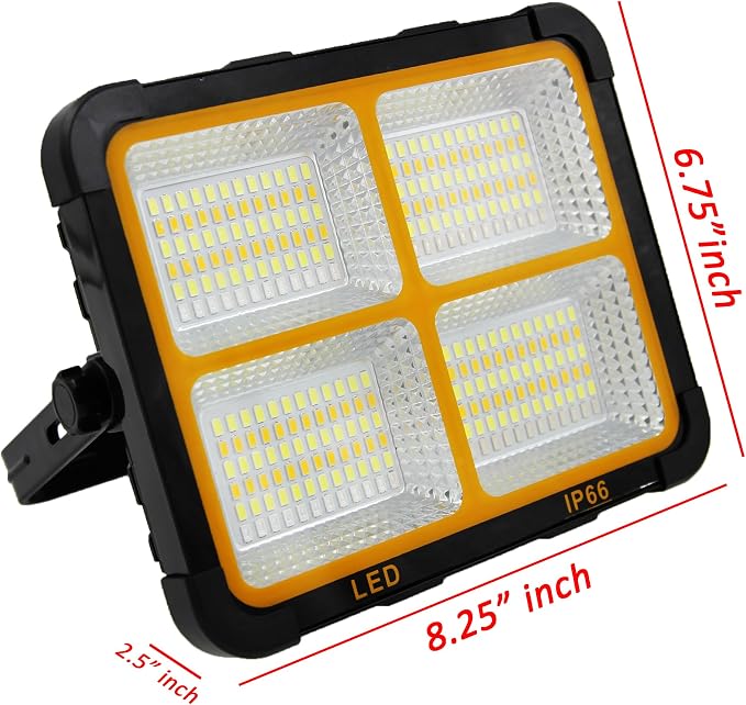 150W Portable Rechargable Dual Solar Panel LED Work Light with 5 Modes, 10000LM 21600mAh IP66 Waterproof Outdoor Flood Light