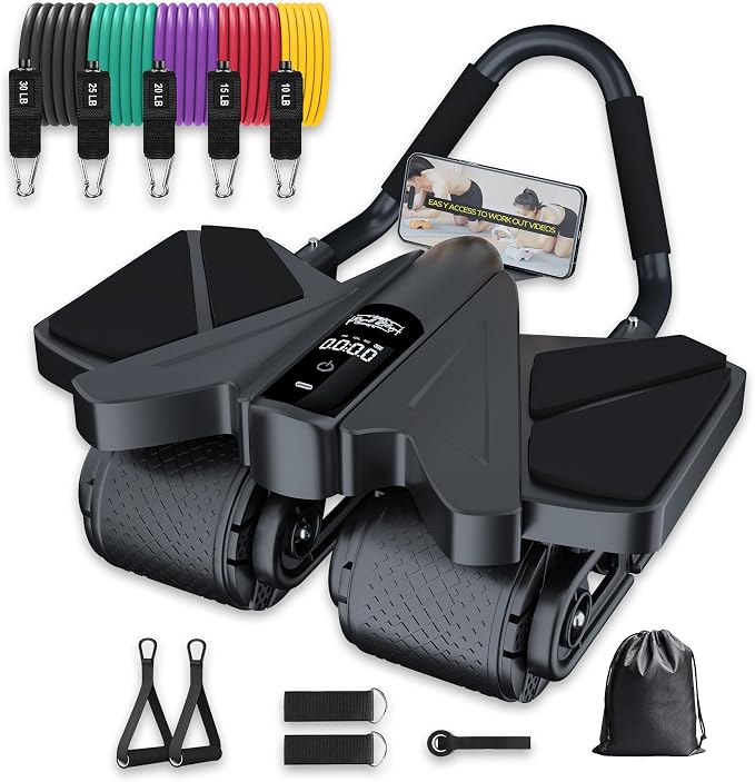 Ab Roller Home Gym Equipment – 4 Wheels Ab Wheel Muscle Roller with Built-in Tracker , 5Pcs Resistance Bands, Ankle Straps, Door Anchor, Handles, Travel Bag – Comfortable Elbow Support with Non-Slip Handles