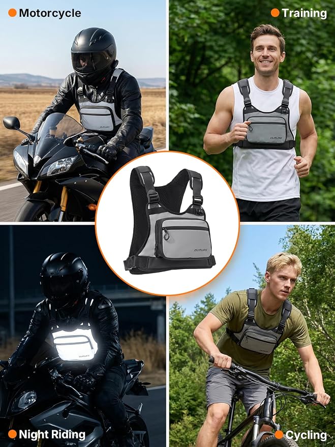 OUMURS Reflective Motorcycle Chest Bag with Quick-Release Buckle for Men & Women, Water-Resistant 1800D Chest Pack, 2L Hydration Compatible, High Visibility for Riding, Cycling, Hiking