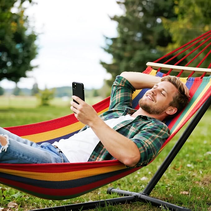 MOSFiATA Hammocks Portable Camping Hammock Upgraded 550lb Comfortable Fabric Hammock with Two Anti Roll Balance Beam and Sturdy Tree Straps for Camping, Patio, Backyard, Outdoor (Colorful Stripe)