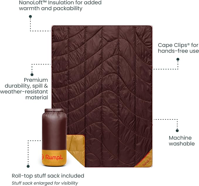 Rumpl Backcountry Puffy Blanket, Ultra-Portable and Lightweight Adventure Blanket, 1-Person (52x75 inches), Redwood