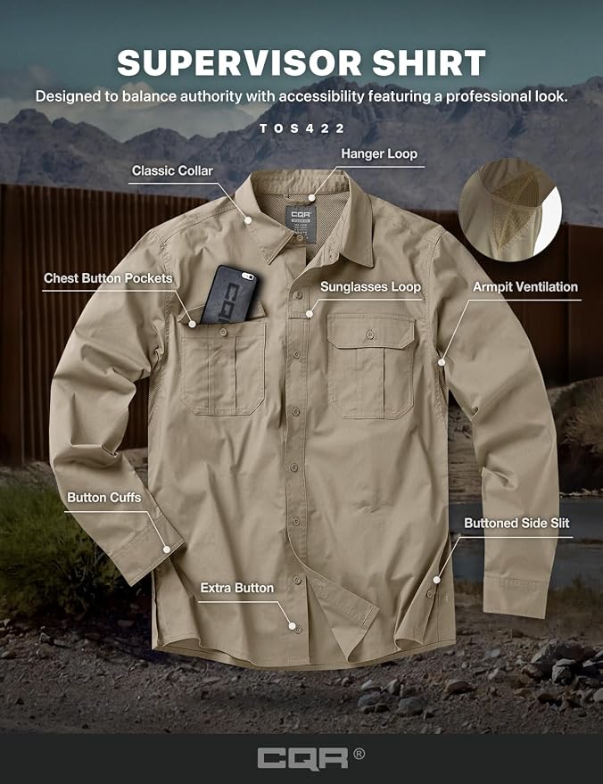 CQR Men's Long Sleeve Tactical Shirts, Ripstop Military Work Shirts, UPF 50+ Breathable Button Down Outdoor Hiking Shirt