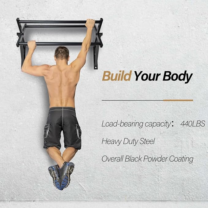 BDL Wall Mounted Pull Up Bar Chin Up bar Multifunctional Dip Station for Indoor Home Gym Workout, Power Tower Set Training Equipment Fitness Dip Stand Supports to 440 Lbs