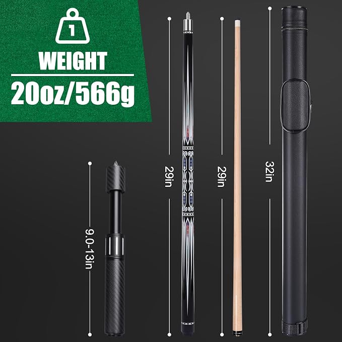 Premium Pool Cue Stick Set, 58'' Billiard Cues Canadian Maple Wood Stick 13mm Tip with Pool Cue Case, Telescopic Carbon Fiber Extension Cue & Billiards Accessories for Billiards Player