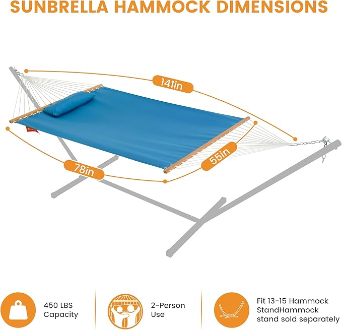 Lazy Daze Hammocks 12 FT Sunbrella Fabric Hammock non-fading with Spreader Bars and Free Pillow Fits for 2 Persons, All Weather and Fade Resistant for Patio Yard, 450 lbs Capacity, Canvas Pacific Blue