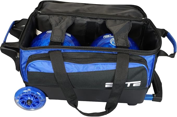 ELITE Deluxe 2 Ball Bowling Bag with 5" Smooth Wheels - Large Accessory Pocket, Shoe Compartment, 36" Extendable Handle