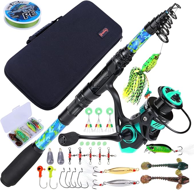 Sougayilang Telescopic Fishing Rod and Reel Combo – Full Kit with Carrier Bag, 11+1 Bearings Spinning Reel, Carbon Fiber Travel Pole for Bass, Trout, Catfish, Redfish – Saltwater Freshwater