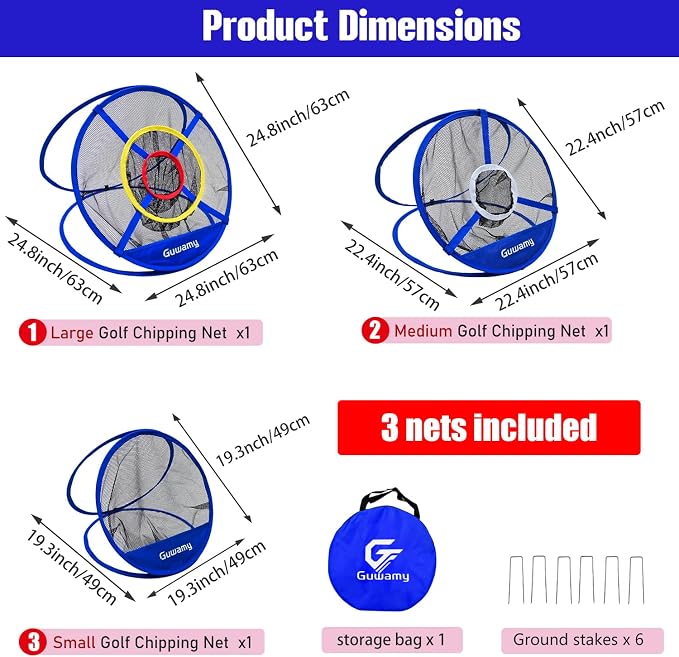 Set of 3 Golf Chipping Nets (3 Sizes) - Pop-Up Practice Targets for Indoor & Outdoor