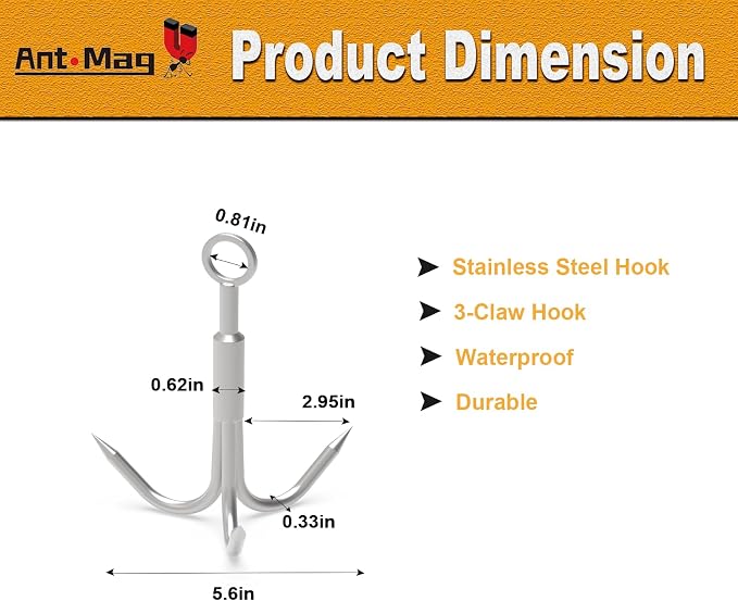 Ant Mag Grappling Hook with Claw Tips - Heavy Duty Stainless Steel Carabiner for Camping, Hiking, Tree Climbing, Water Retrieval & Salvage Operations