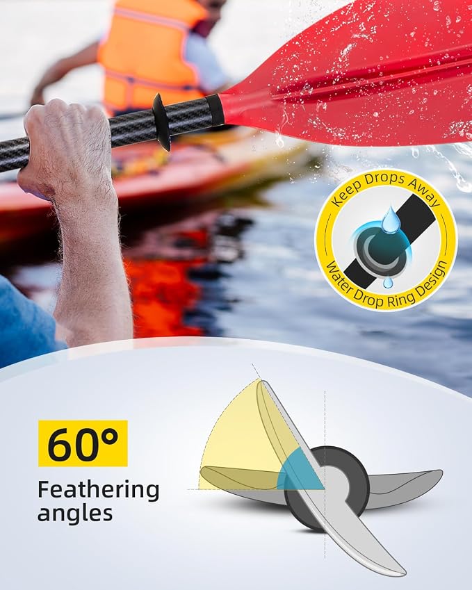 OCEANBROAD Adjustable Carbon Fiber Kayak Paddle 86in/220cm to 94in/240cm Kayaking Oar for Adults with Paddle Leash 1 Paddle