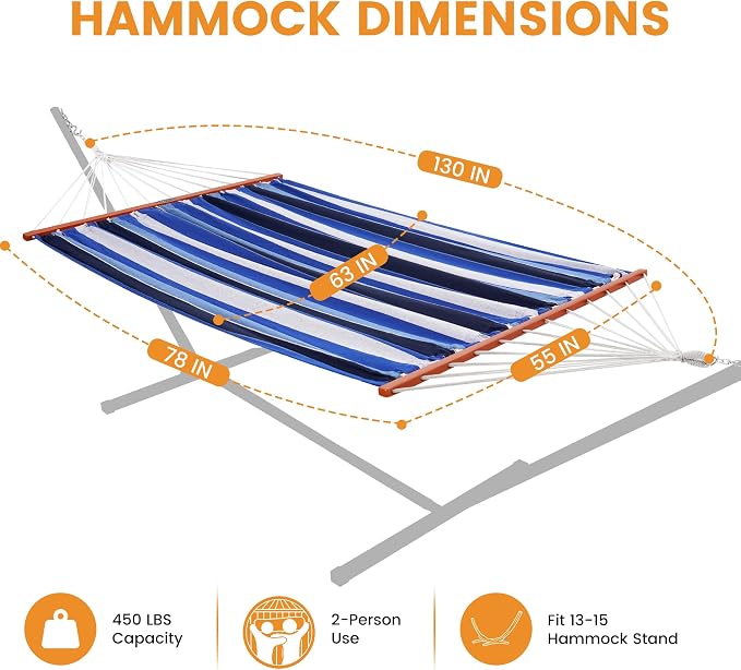 Lazy Daze Hammocks Cotton Fabric Double Hammock with 55" Spreader Bar, Portable Camping Hammock with Carrying Bag & Tree Straps for Patio, Backyard, Balcony, 450lbs Capacity, Blue